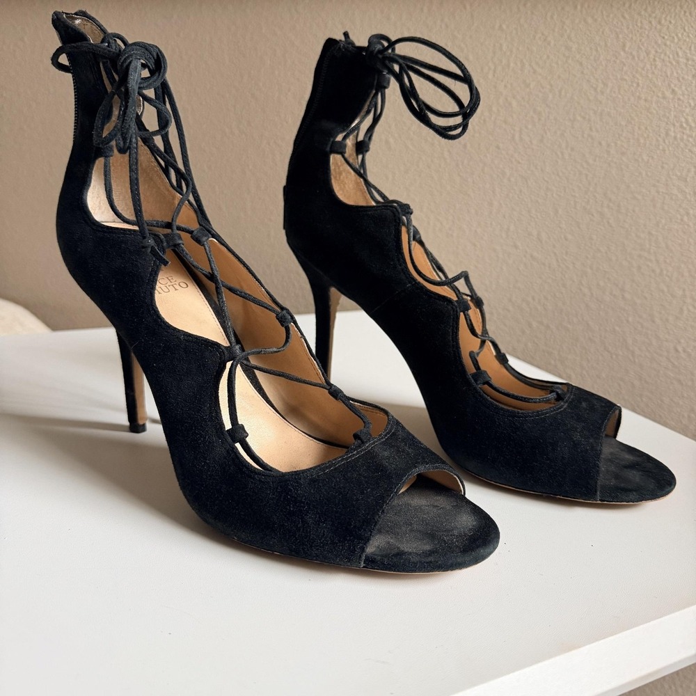 Vince Camuto Sandria Shoes Womens Size 11 Black Suede Lace Up Heeled Sandals